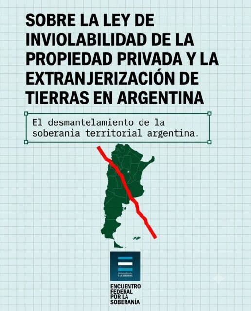 🌎🚫 NO A LA EXTRANJERIZACIÓN DE NUESTRA TIERRA.

Compartimos el material informativo que expusimos ayer en la ASAMBLEA CIUDADANA ABIERTA contra la extranjerización de la tierra en ROSARIO. 

La tierra es soberanía, producción, identidad y futuro. Rechazamos cualquier intento de eliminar los límites que hoy protegen nuestro territorio de la extranjerización y la concentración en manos de grandes capitales. ✊🇦🇷

🌱💧 Mientras millones de hectáreas ya están en manos extranjeras, el proyecto del gobierno busca abrir aún más la puerta para que se vendan nuestros bienes estratégicos: la tierra, el agua y los recursos naturales.

⚠️ Defender la tierra es defender el trabajo, la producción nacional, las comunidades y la capacidad de decidir sobre nuestro propio destino. No podemos entregar el territorio a quienes solo buscan hacer negocios. 🌾🏞️

🇦🇷❤️ La tierra y el territorio no se venden, se defienden. Digamos NO a la extranjerización de la tierra y SÍ a la soberanía nacional.

EL 6 DE AGOSTO TODOS A LAS CALLES Y PLAZAS PARA RECHAZAR LA ENTREGA DE LA ARGENTINA.

 #NoALaExtranjerización #LaTierraSeDefiende #Soberanía #Argentina